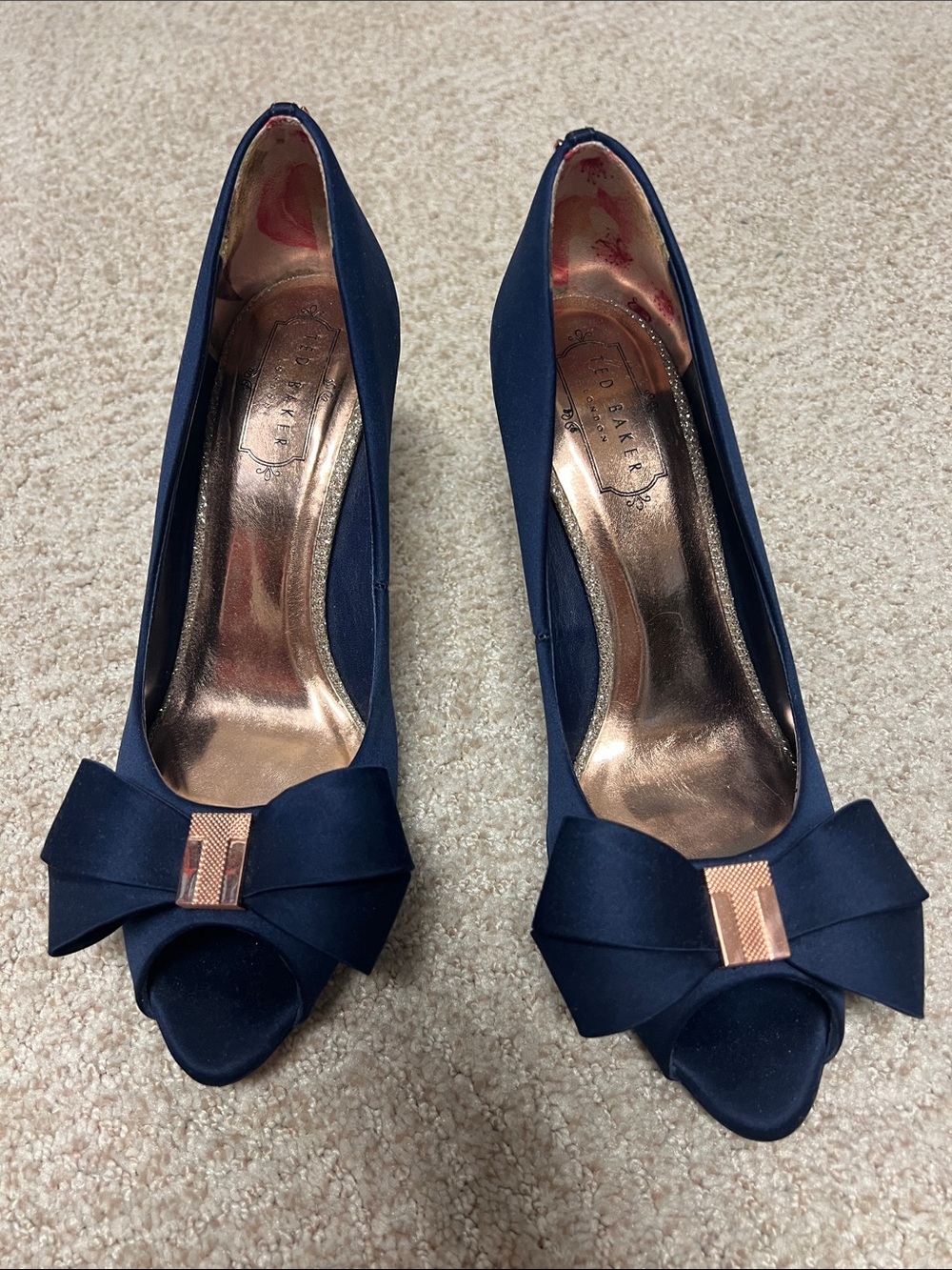 Ted Baker Navy Satin Peep-Toe Pumps with Rose Gold Accent